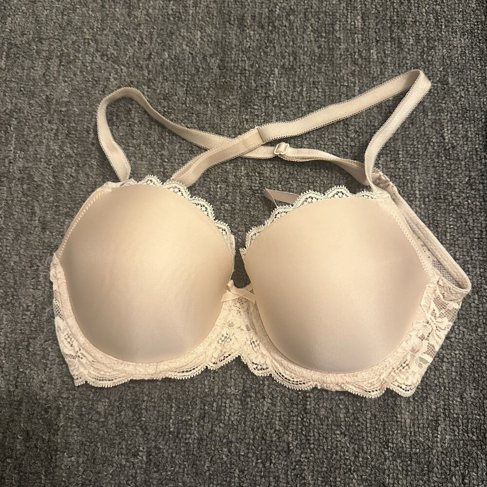 Victoria Secret Lined Demi Bra 32DD Tan Satin Convertible Underwire Lace Detail